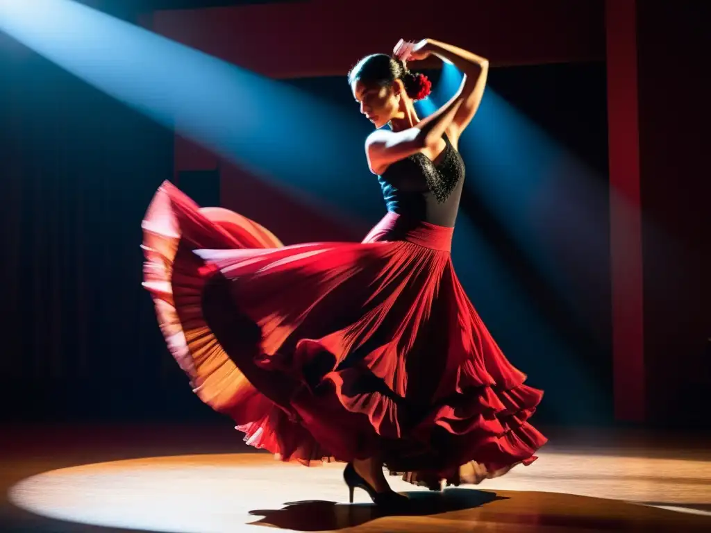 Intenso baile flamenco en escenario, con luces dramáticas y expresión apasionada