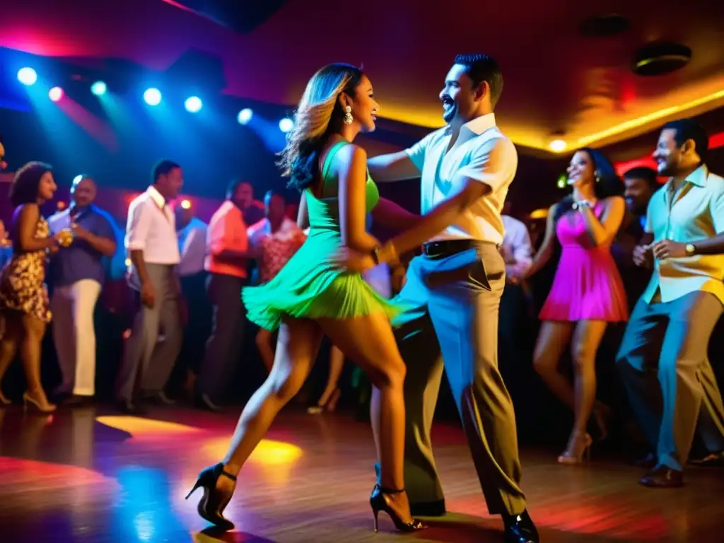 Intenso baile de parejas en un club de salsa, con movimientos fluidos y energía contagiosa