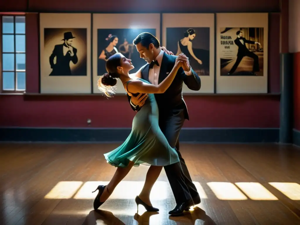 Intenso baile de tango argentino en estudio de Buenos Aires, con pareja abrazada y ambiente cargado de emoción