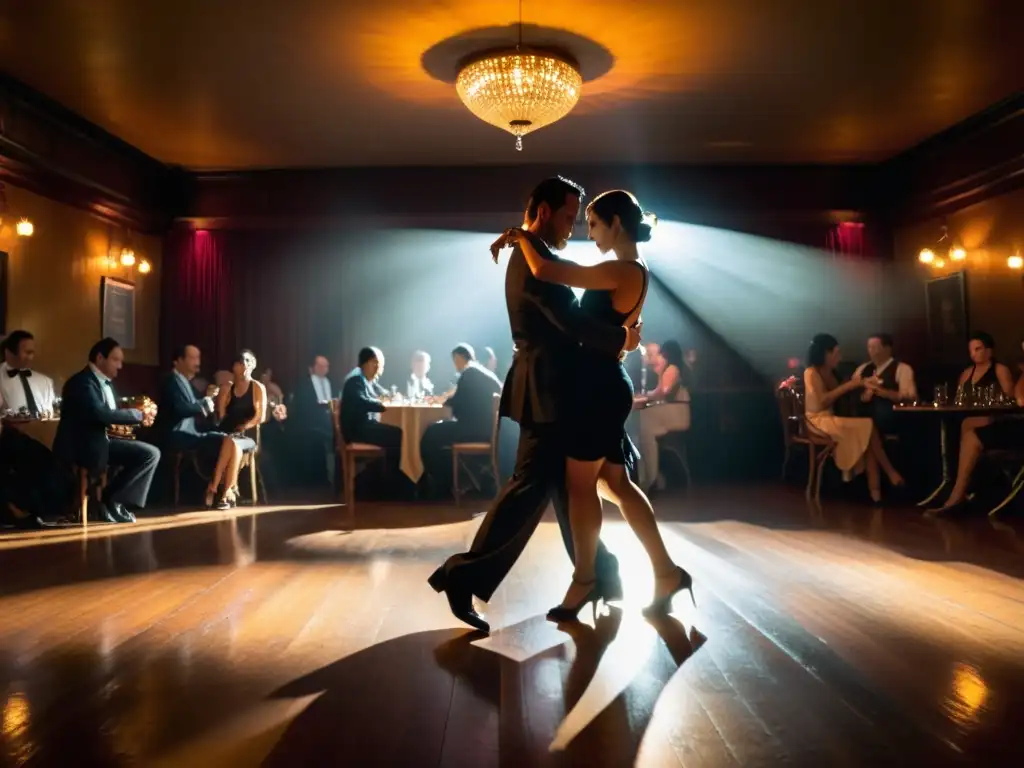 Intenso baile de tango argentino en un club de Buenos Aires, con pasión y elegancia