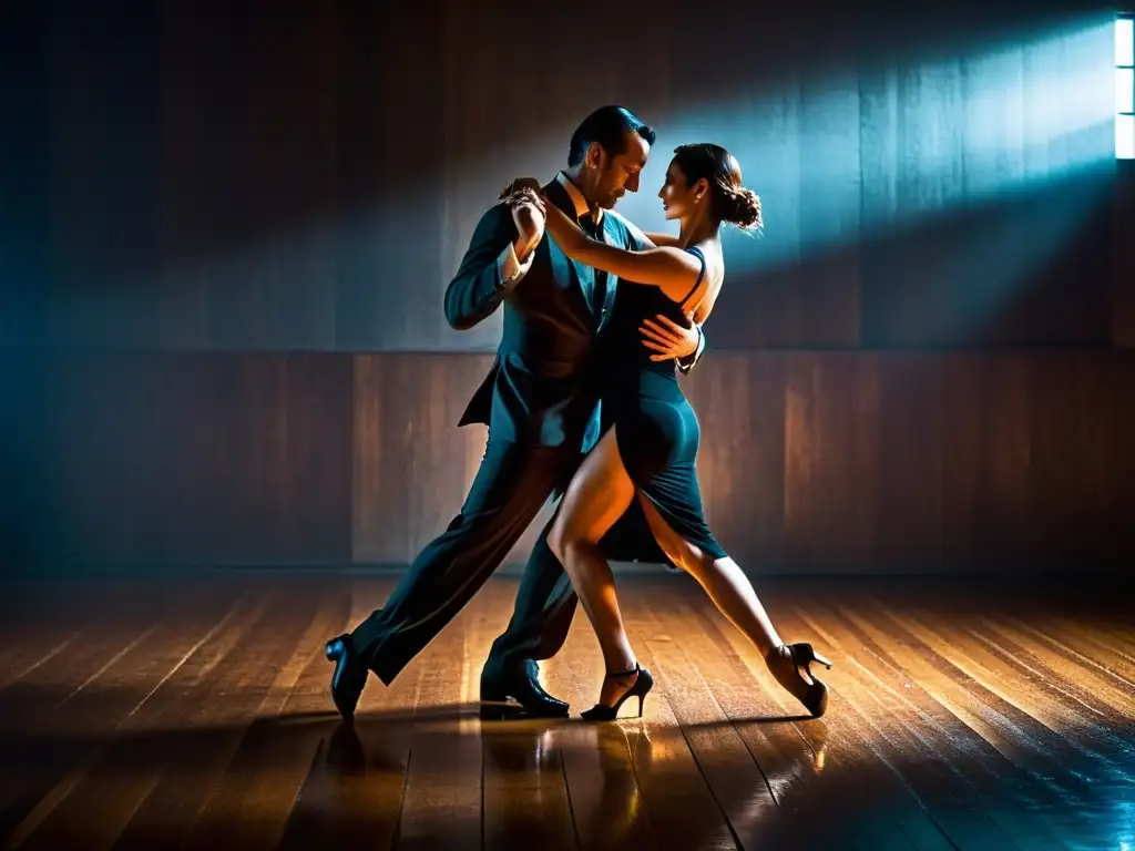 Intenso baile de tango en un estudio de Buenos Aires, donde la pasión y la conexión se entrelazan en la danza