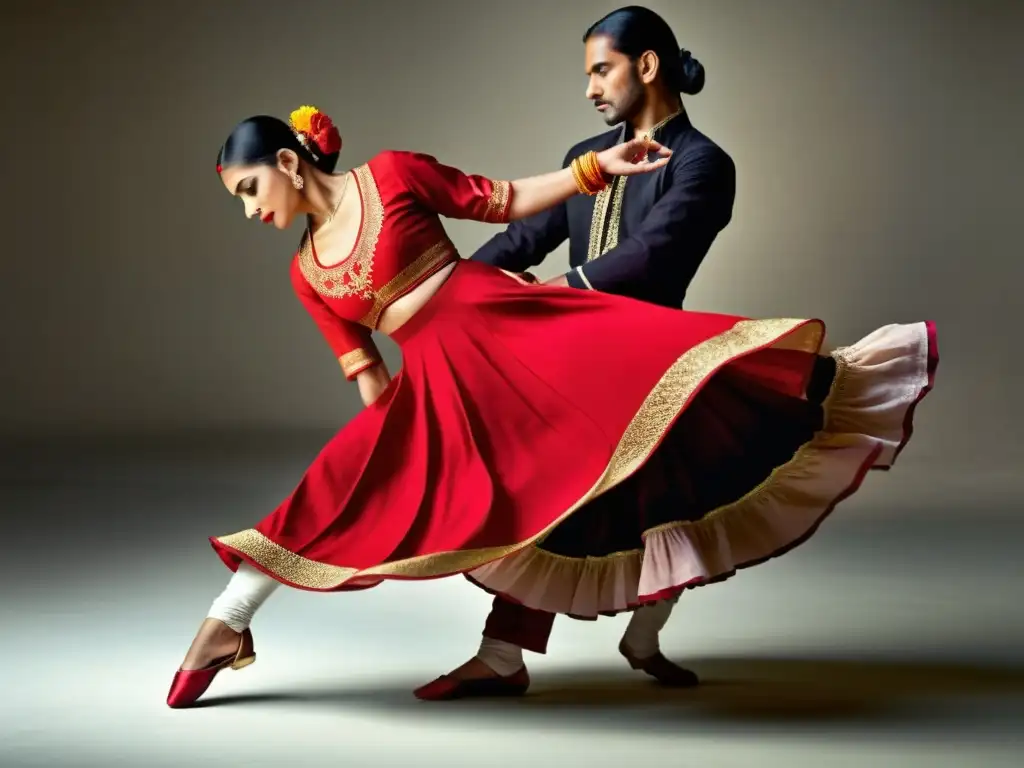 Intenso encuentro entre una bailarina de Kathak y una bailarina de Flamenco, fusionando la huella del Flamenco en Kathak con pasión y fuerza