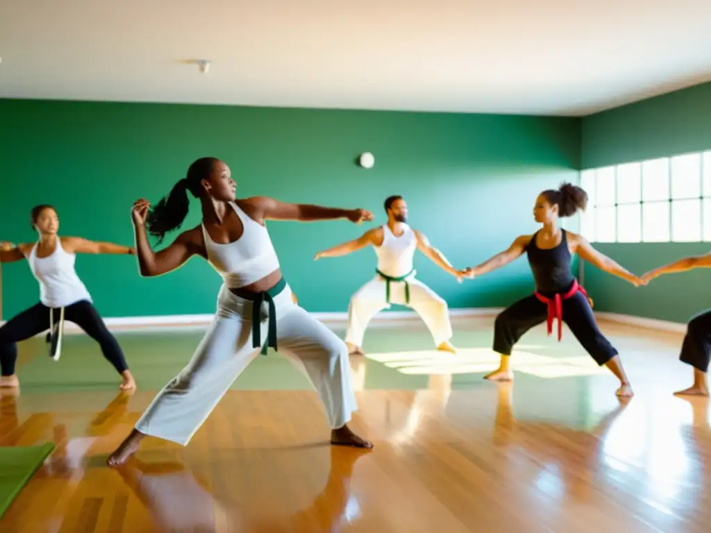 Intenso entrenamiento de capoeira para principiantes en un estudio soleado y espacioso, con movimientos dinámicos y energía palpable