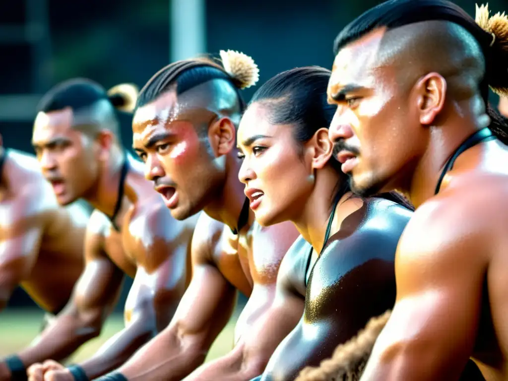 Intenso festival de danza Haka Maorí global: rostros contorsionados, sudor brillante, movimiento y energía capturando la esencia del Haka Maorí