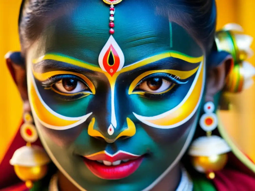 Intenso retrato de un bailarín de Kathakali con expresión facial y corporal en la tradición de danza india