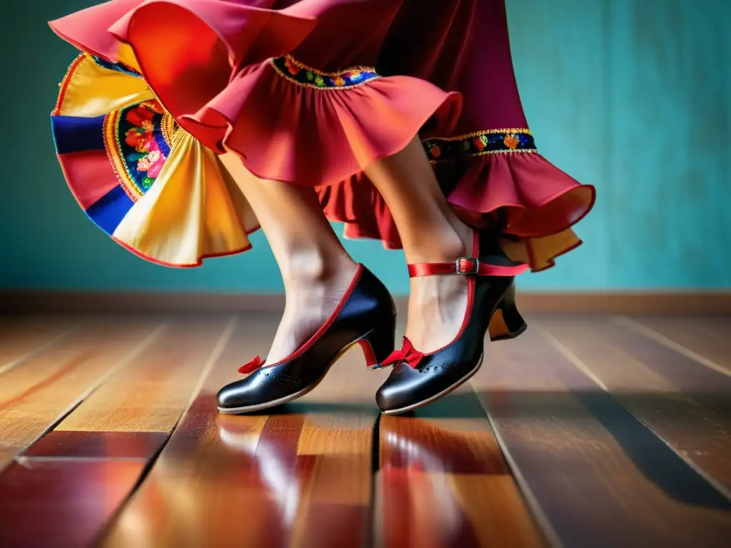 Intenso zapateado flamenco con vibrantes patrones en zapatos tradicionales sobre suelo de madera desgastado, capturando la pasión y técnica del baile