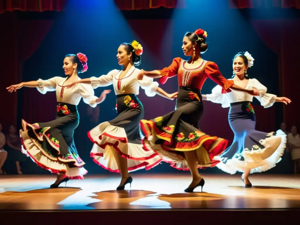 Intenso zapateado mexicano flamenco en el escenario con trajes tradicionales vibrantes y movimientos sincronizados congelados en el aire