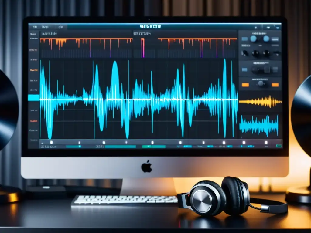 Interfaz detallada de software de edición de audio, ondas, herramientas de edición y pistas de audio superpuestas