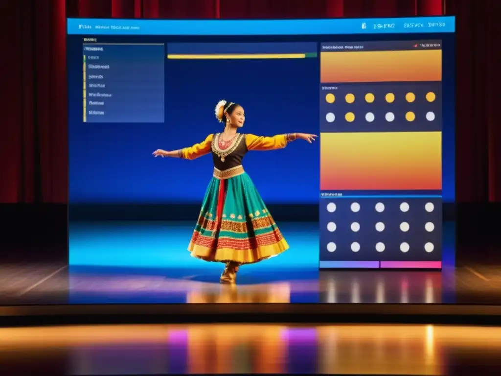 Interfaz de software especializado en danzas del mundo con notación musical detallada y trajes tradicionales de danza de diversas culturas