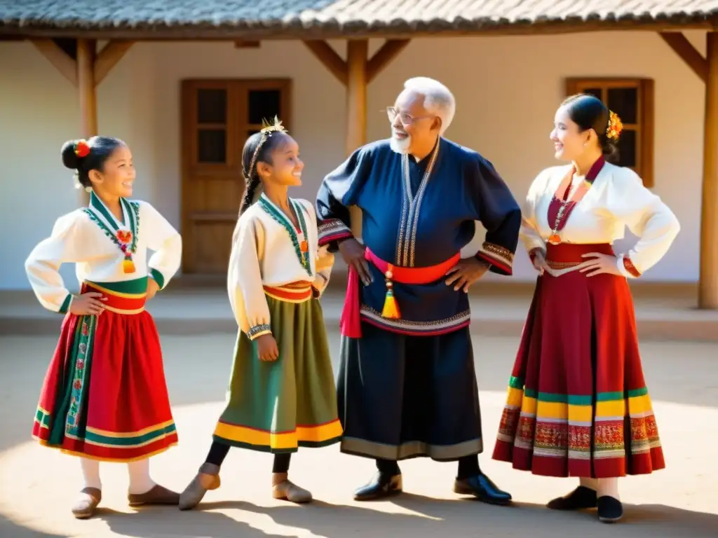 Transmisión intergeneracional de danzas tradicionales: Tres generaciones de bailarines disfrutan juntos al aire libre, compartiendo sus raíces culturales a través de la danza