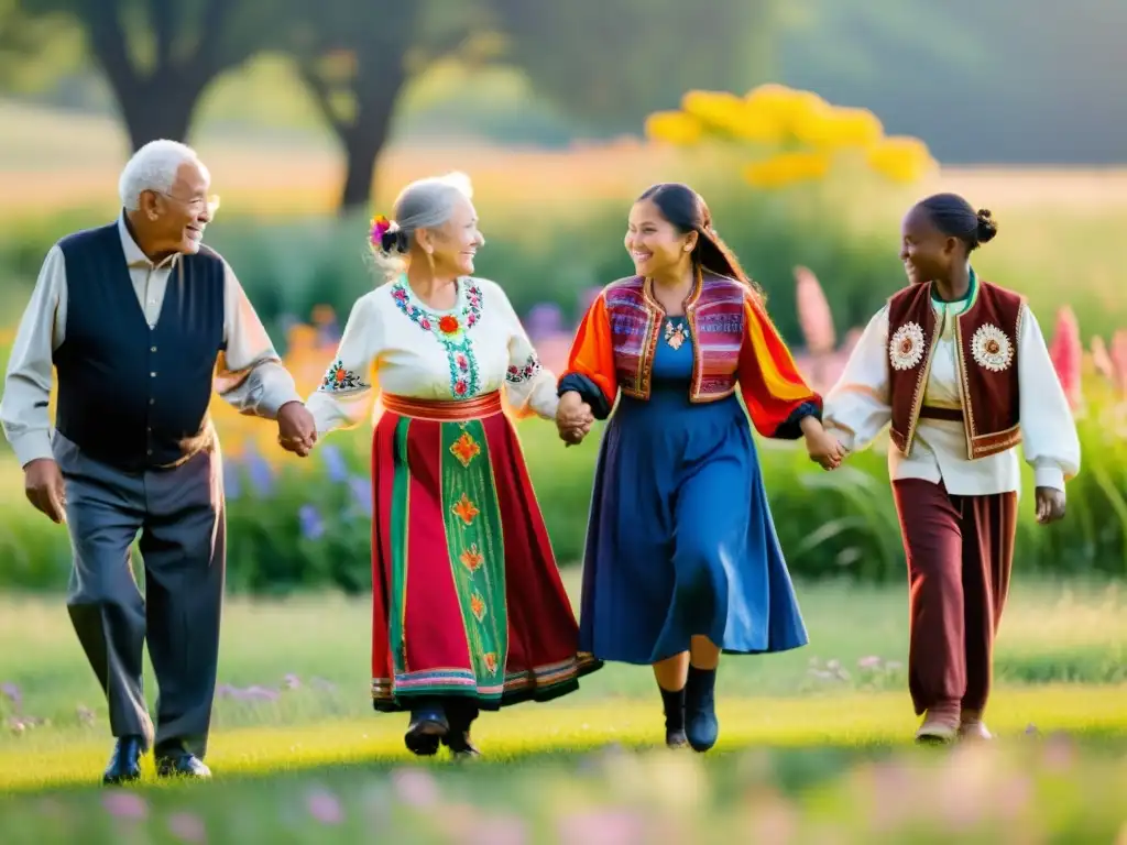 Transmisión intergeneracional danzas tradicionales: Tres generaciones bailan juntas en un prado soleado, luciendo trajes tradicionales y expresando alegría y orgullo