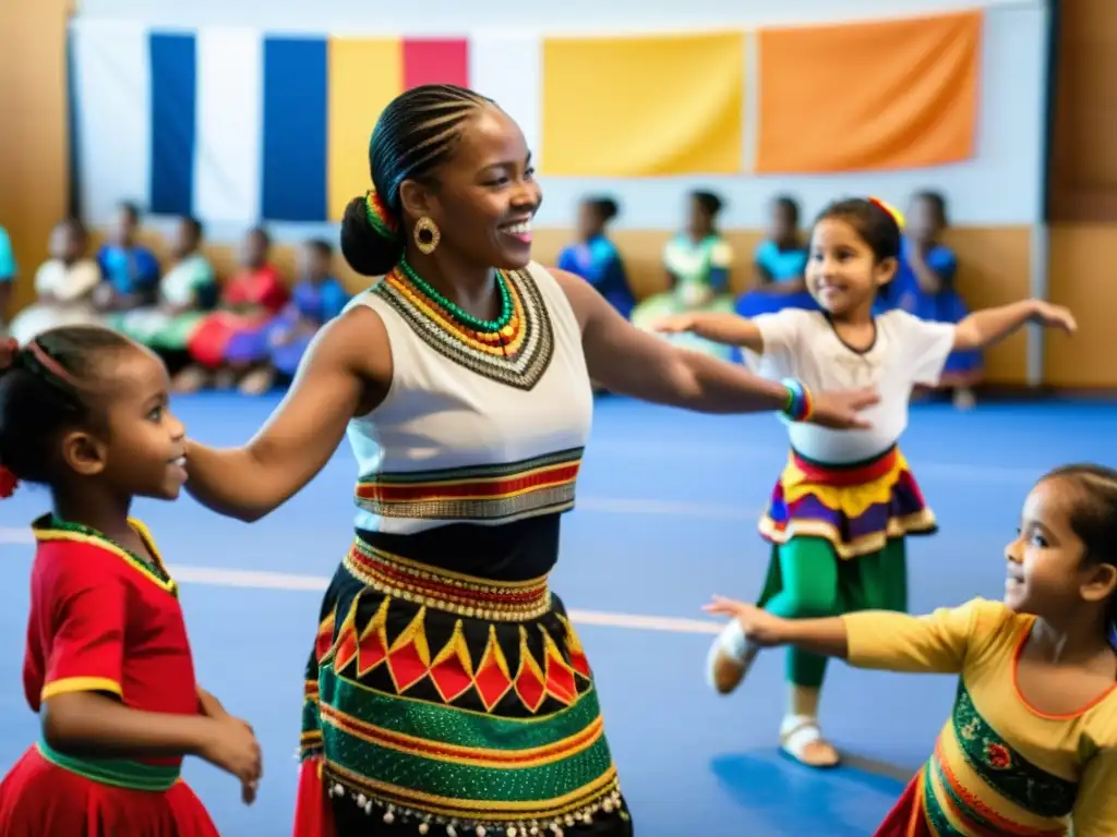 Transmisión intergeneracional de danzas tradicionales: instructor enseña a niños danza cultural con trajes vibrantes y música animada de fondo