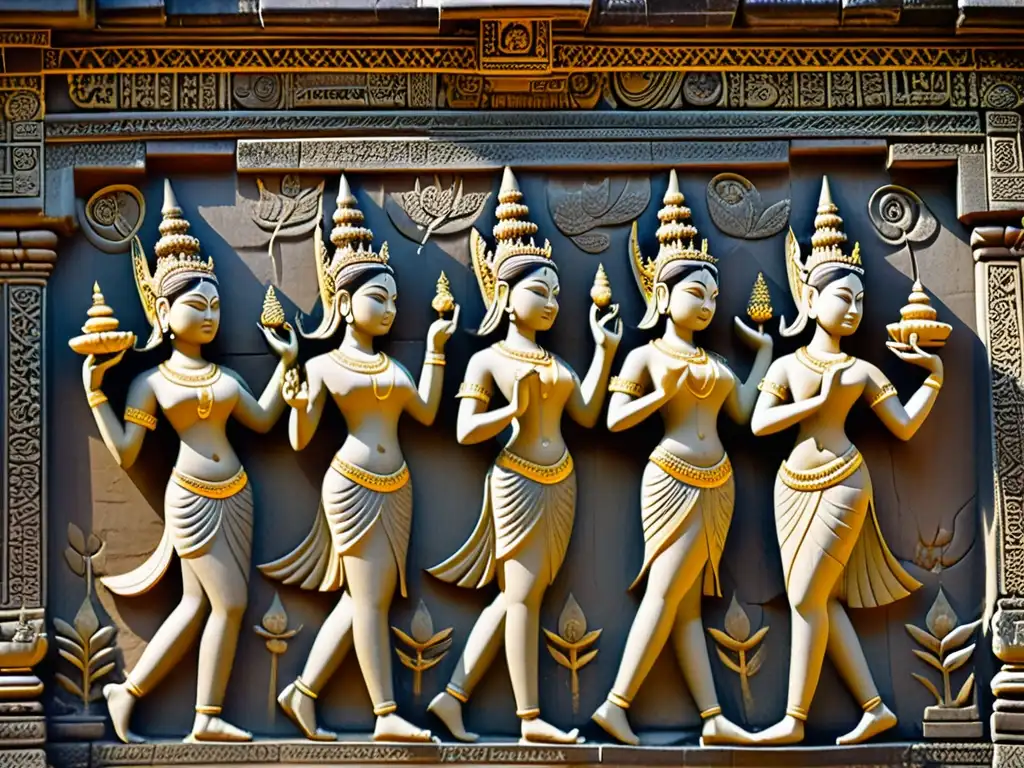 Intrincado relieve de bailarinas Apsara en Angkor Wat, capturando la belleza y significado cultural de la danza Apsara camboyana