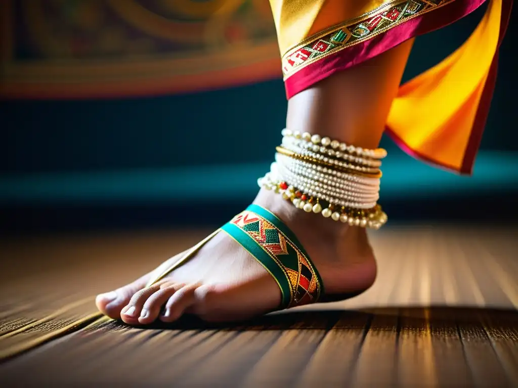 Los intrincados movimientos de los pies de una bailarina balinesa ejecutando la danza Legong, mostrando el distintivo trabajo de pies y patrones