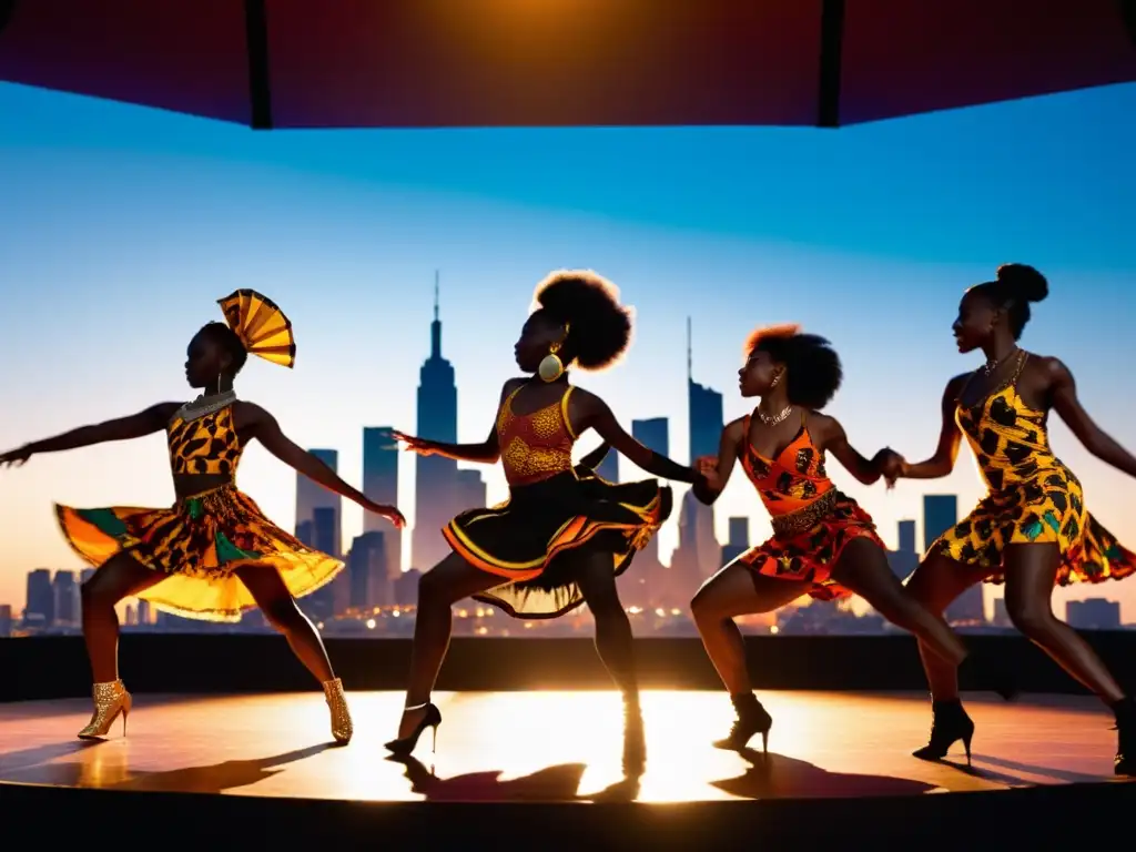 Fusión de jazz y danza africana en escenario iluminado, con silueta de ciudad al fondo