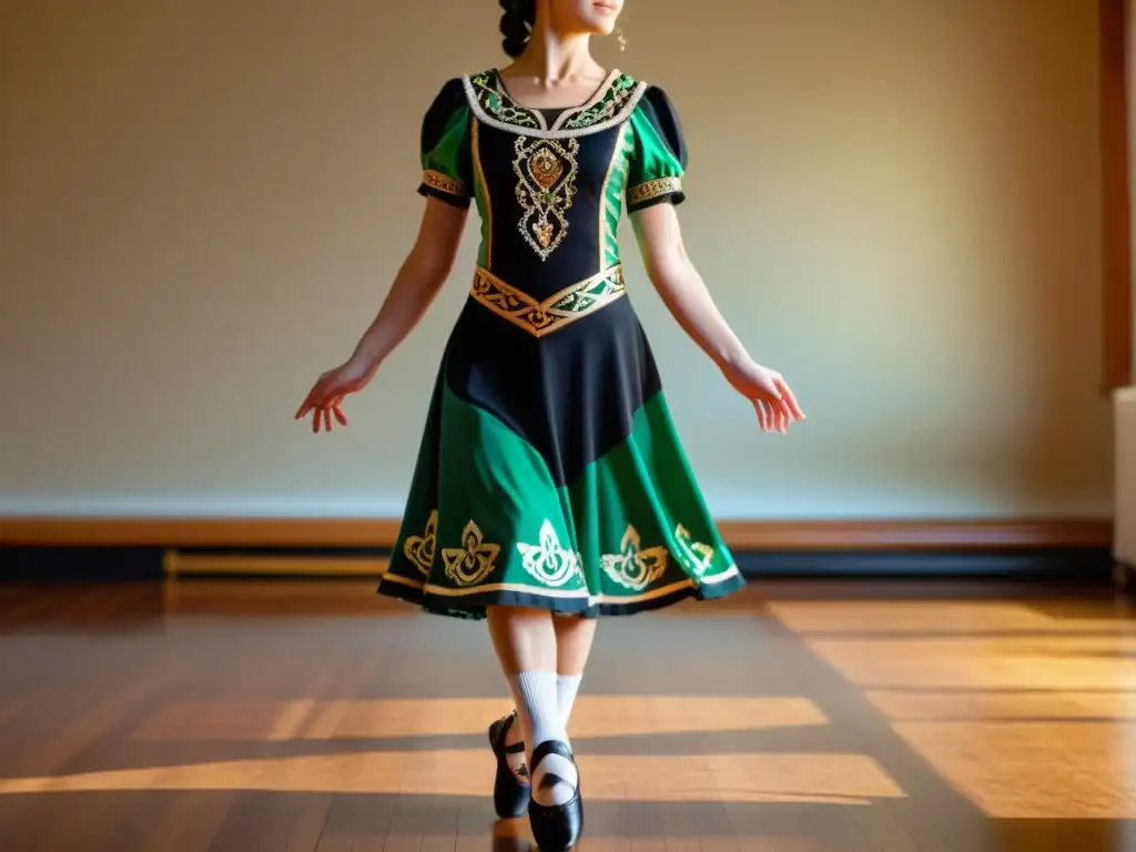 Una joven bailarina practica con gracia y pasión danza irlandesa en un soleado salón decorado con símbolos y arte irlandés