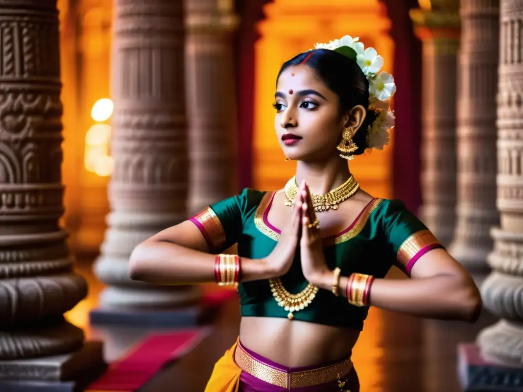 Una joven bailarina de Bharatanatyam en traje tradicional, con joyas y guirnaldas de flores, realizando una grácil pose en el escenario