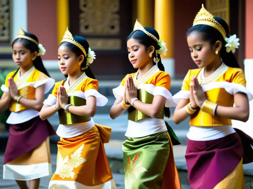 Jóvenes bailarinas balinesas ejecutan el sagrado Legong, transmitiendo devoción y tradición en su educación religiosa