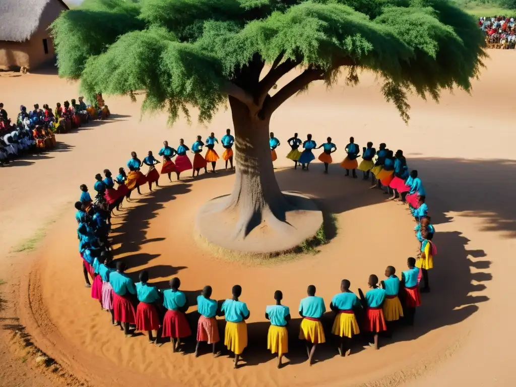 Jóvenes bailarines africanos danzando bajo un árbol, rodeados de su comunidad