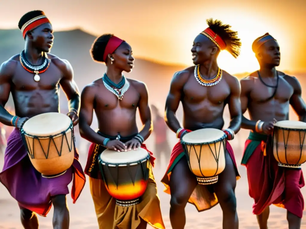 Jóvenes bailarines africanos con trajes tradicionales, tocando tambores djembe al atardecer