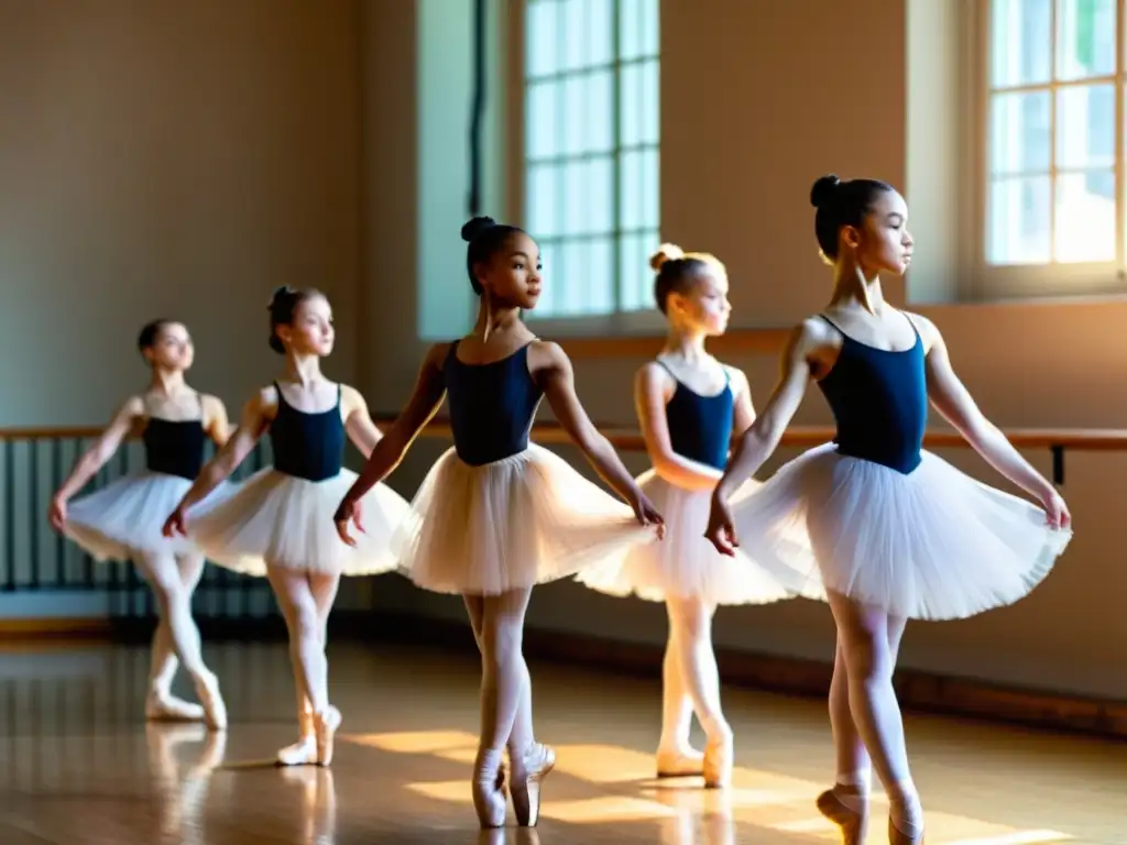 Jóvenes bailarines practican ballet con gracia y disciplina, bajo la atenta mirada del instructor