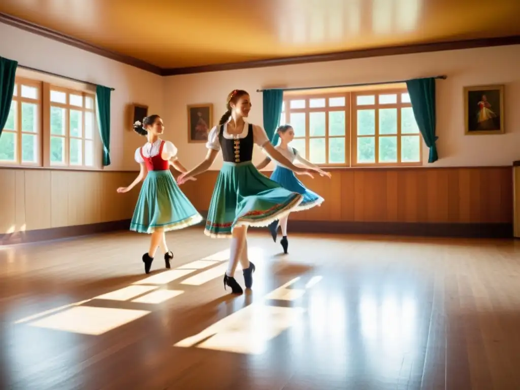 Jóvenes bailarines bávaros practican en un estudio rústico, demostrando la preservación de la danza bávara con gracia y precisión