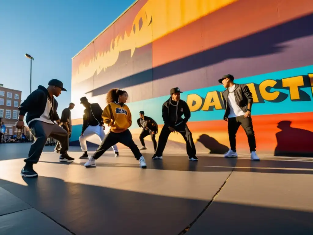 Jóvenes bailarines practican breakdance al atardecer en la ciudad