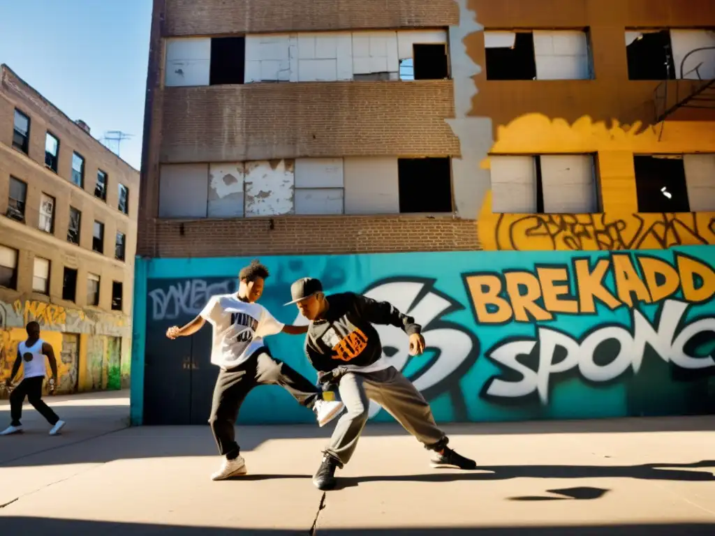 Jóvenes bailarines practican breakdance con determinación en el Bronx, entre edificios abandonados y paredes graffiteadas