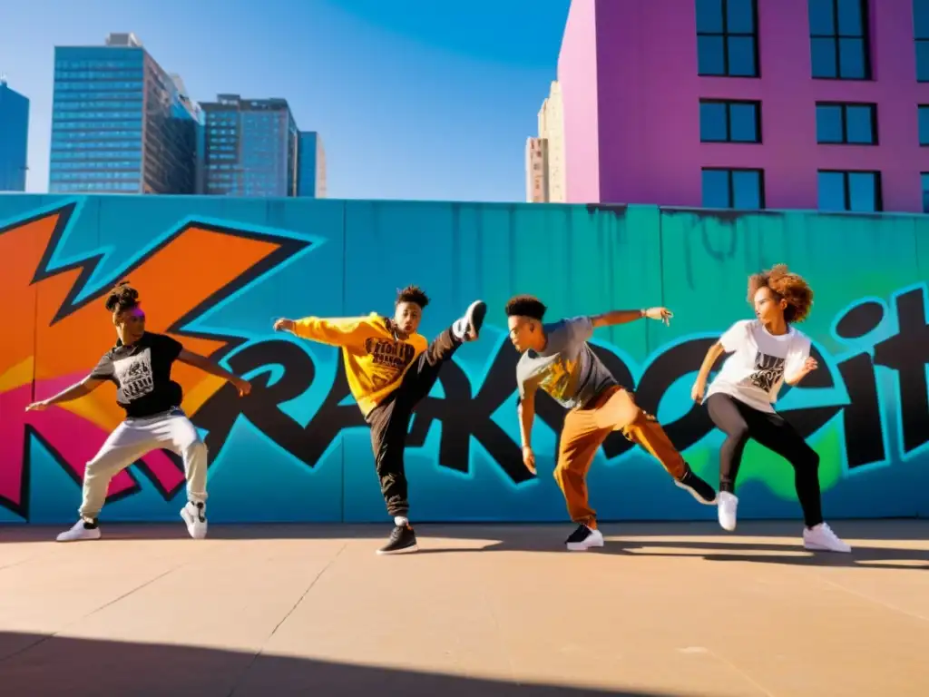 Jóvenes bailarines practican breakdance hiphop en un entorno urbano colorido, mostrando su increíble fuerza y agilidad en medio de graffitis vibrantes