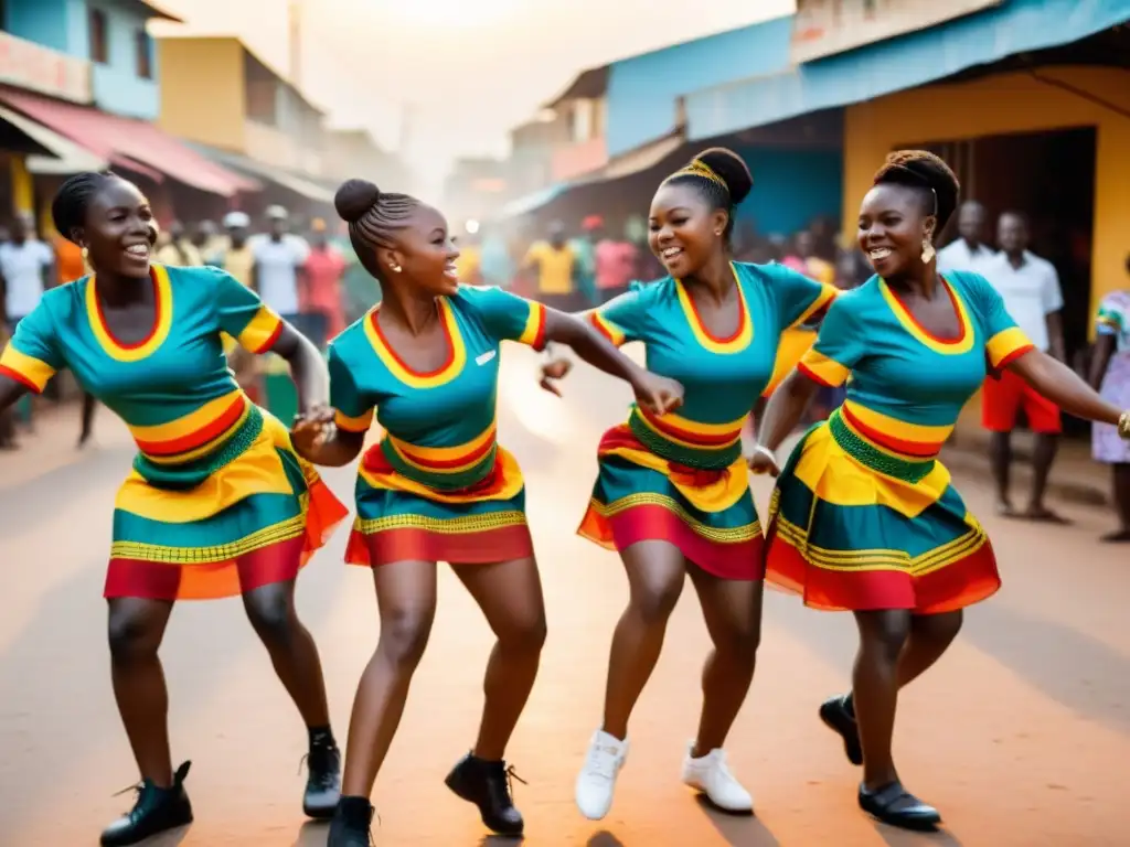 Jóvenes bailarines danzando Azonto en las calles de Accra, Ghana, capturando la energía y la revolución juvenil de la danza azonto música