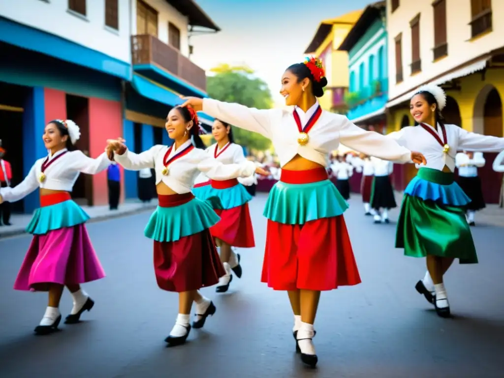 Jóvenes bailarines ejecutan la Cueca chora en las calles de Santiago, Chile, con trajes coloridos y energía cultural vibrante