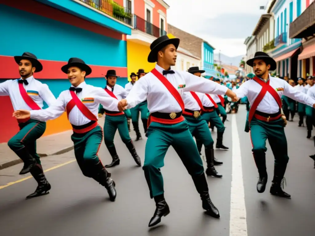 Jóvenes bailarines ejecutan la Cueca chora en las calles de una vibrante ciudad chilena, fusionando tradición y modernidad