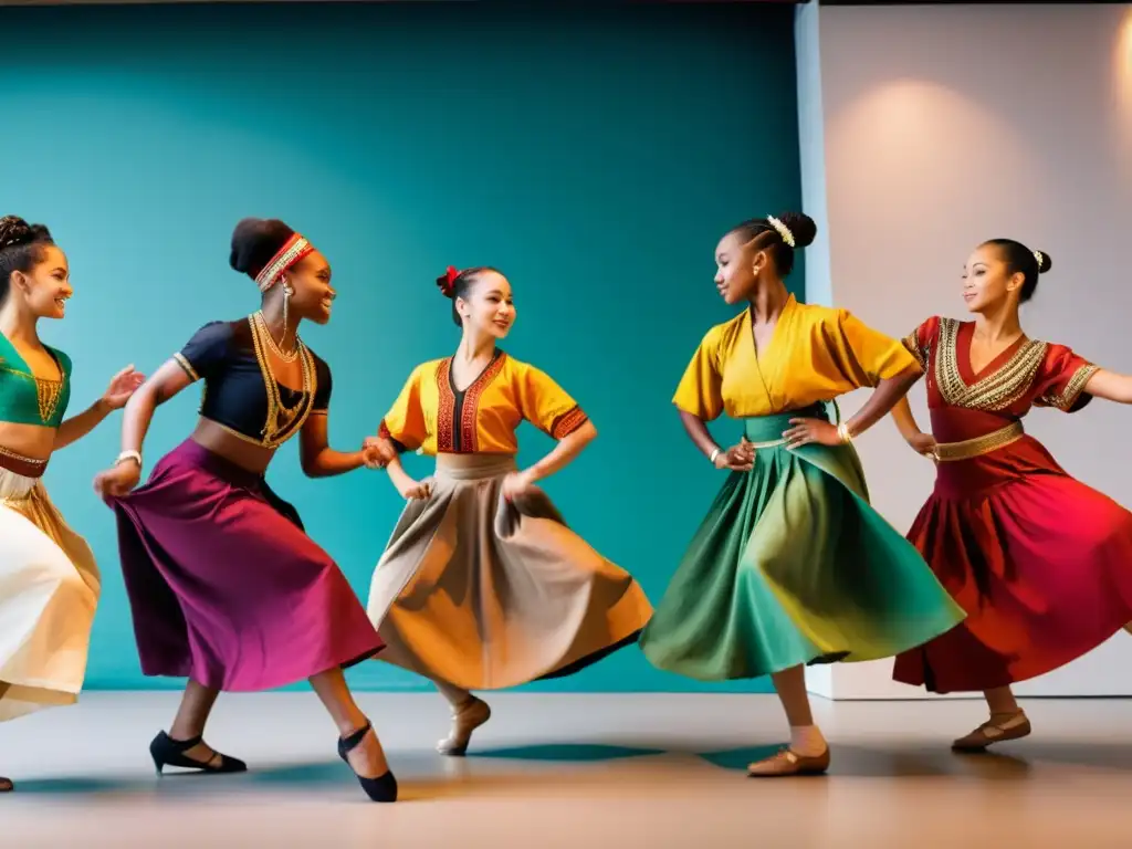 Jóvenes bailarines de diversas culturas en trajes tradicionales, danzando con energía y orgullo cultural en un entorno urbano moderno