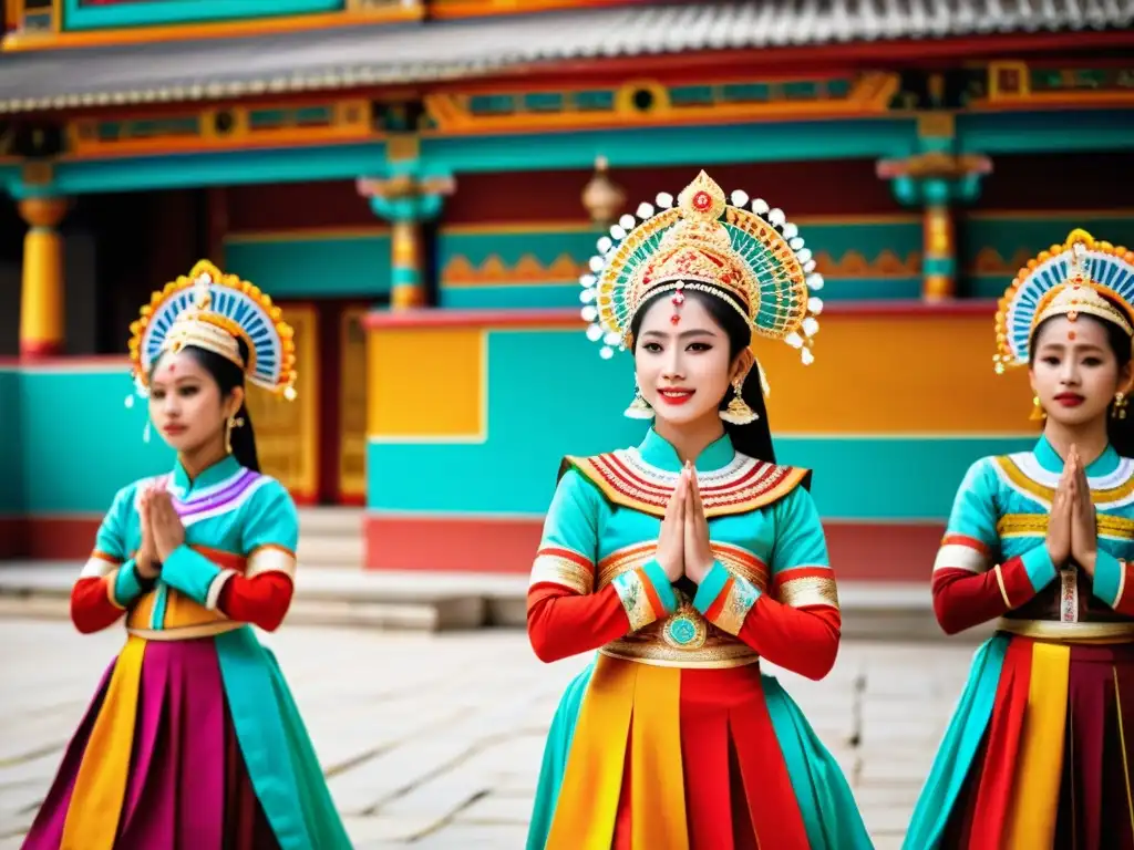 Jóvenes bailarines realizan una danza sagrada en un templo vibrante de Asia, capturando el significado cultural de la danza en la educación religiosa