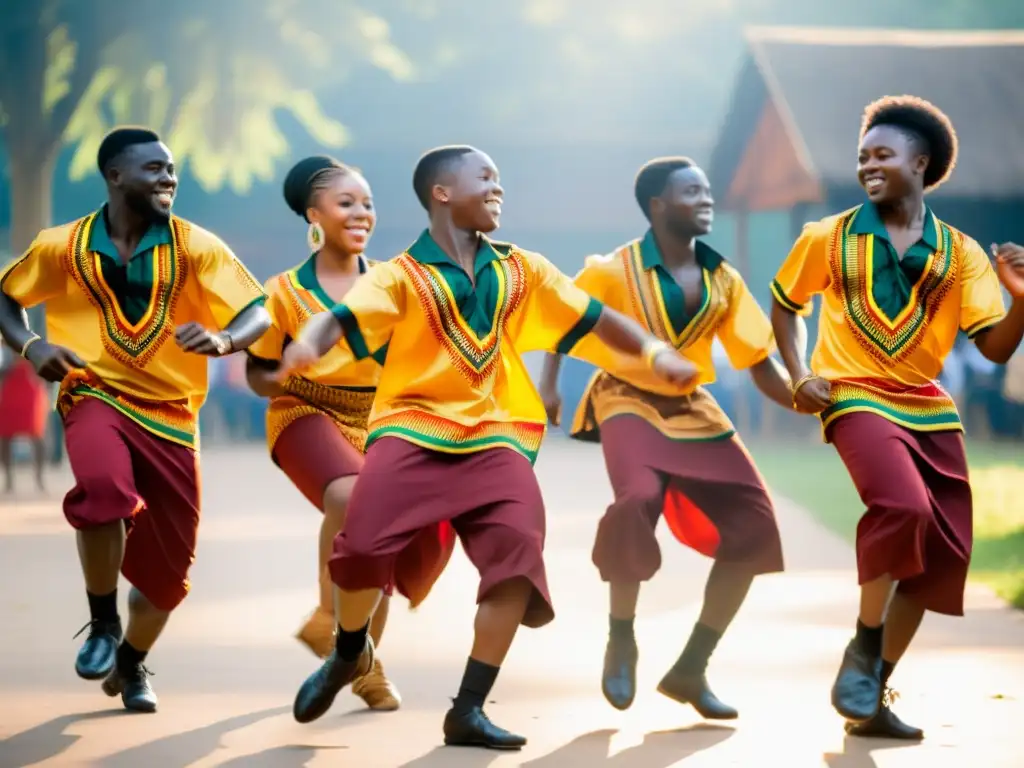 Jóvenes bailarines realizan la danza Azonto en Ghana, con significado cultural y coloridos atuendos en escenario al aire libre