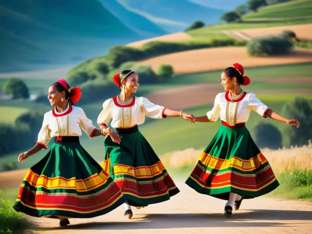 Jóvenes bailarines ejecutan danza tradicional en paisaje rural, capturando la viralización de danza tradicional en TikTok