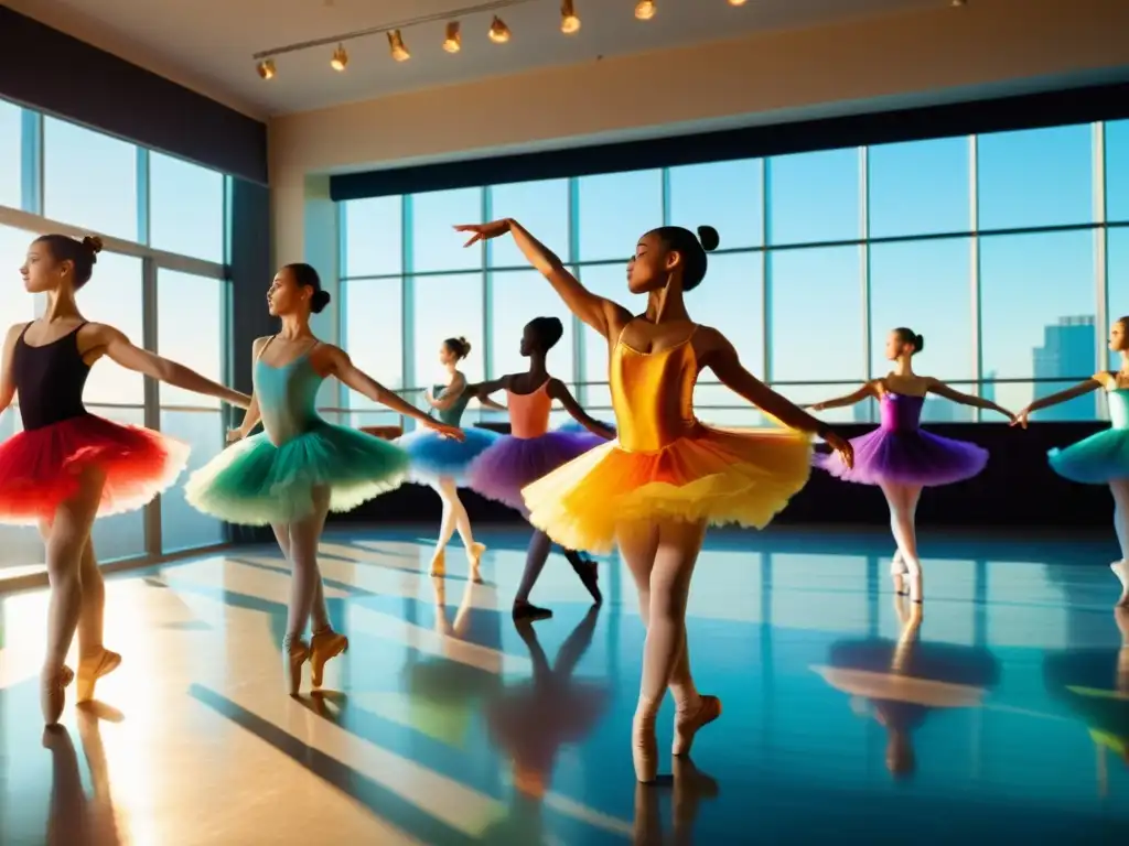 Jóvenes bailarines ensayan coreografía en estudio soleado, reflejando pasión y determinación