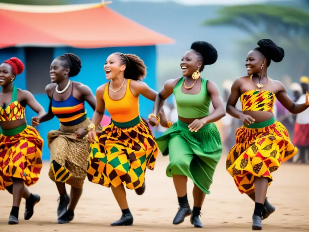 Jóvenes bailarines Ghaneses, vistiendo trajes tradicionales coloridos, ejecutan la danza Kpanlogo con gracia en un animado festival