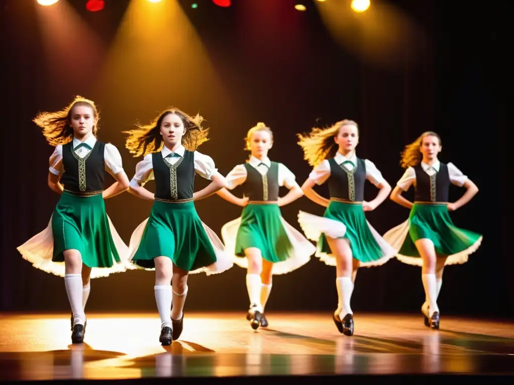 Jóvenes bailarines irlandeses, con trajes tradicionales, ejecutan pasos de danza gaélica con pasión en un escenario cálido