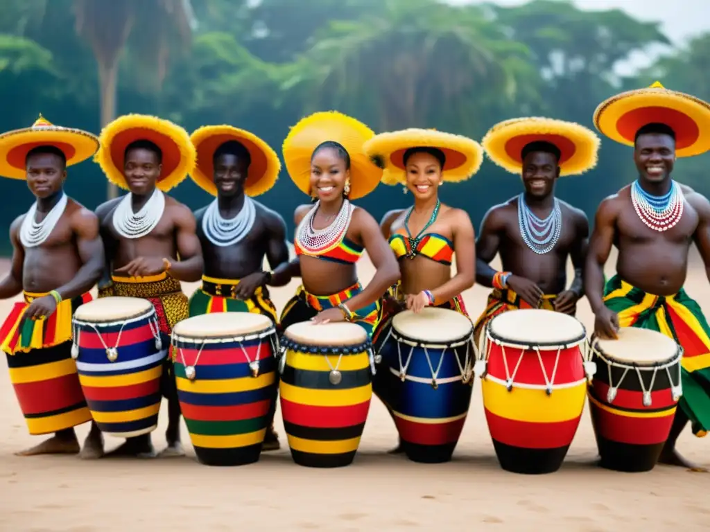 Jóvenes bailarines de Ghana danzan Kpanlogo con trajes tradicionales y expresiones de alegría, mostrando el significado social de la danza