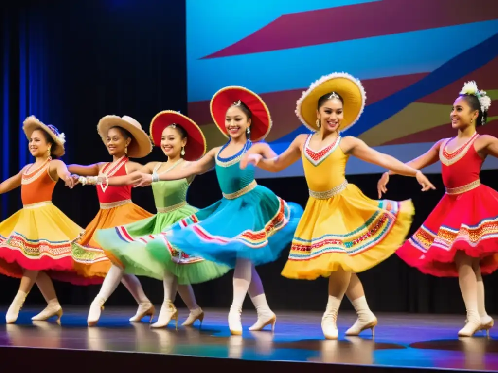 Jóvenes bailarines latinos en trajes tradicionales, realizando una danza sincronizada