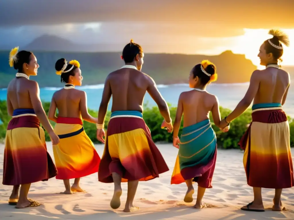 Jóvenes bailarines nauruanos en trajes tradicionales danzando al atardecer