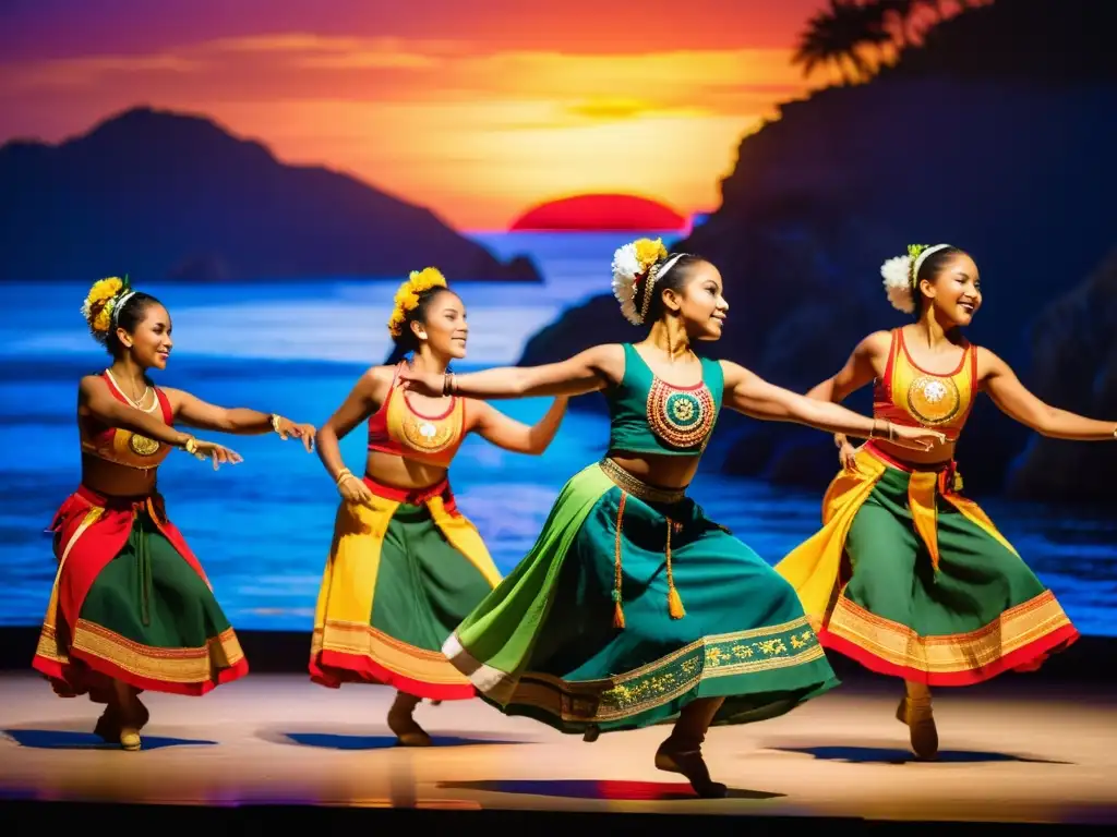 Jóvenes bailarines de Oceanía realizan una danza tradicional en un escenario vibrante, mostrando determinación y pasión