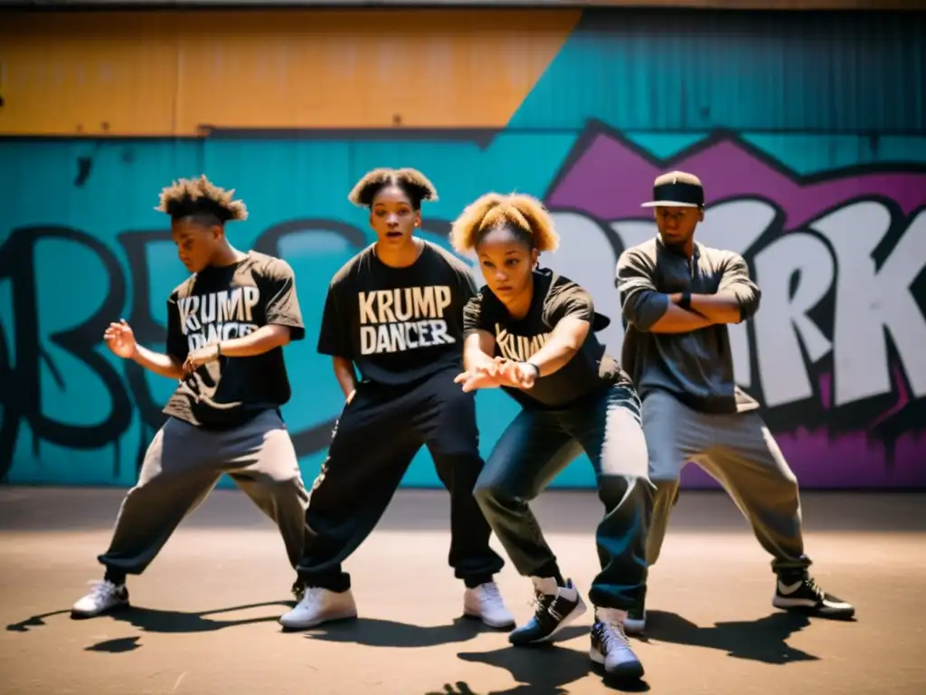 Jóvenes bailarines de krump expresando su pasión en un entorno urbano con grafitis