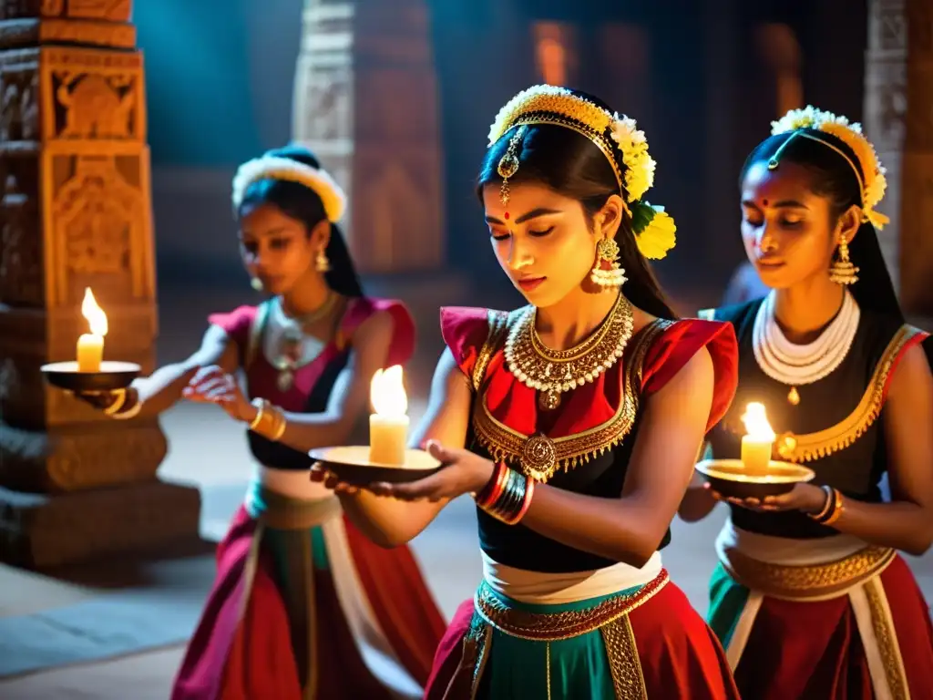 Jóvenes bailarines religiosos realizan una danza sagrada en un templo asiático, expresando devoción y significado cultural