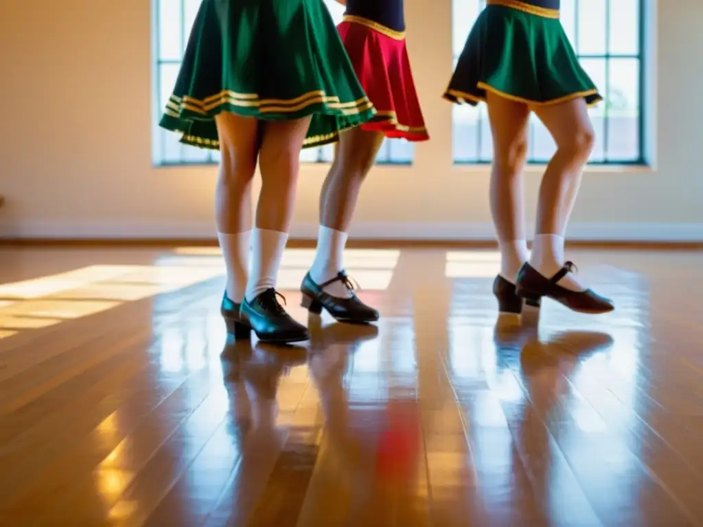 Jóvenes bailarines practicando técnicas de step dance irlandés en un estudio soleado, con movimientos precisos y expresiones dedicadas