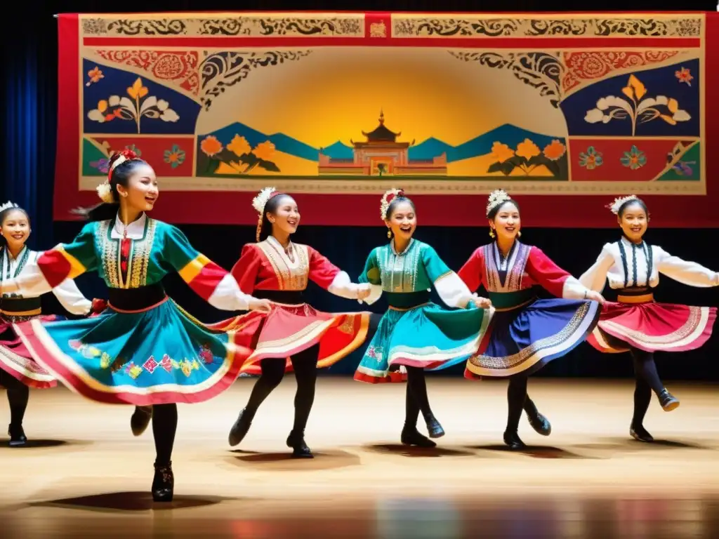 Jóvenes bailarines en trajes folclóricos realizan pasos de danzas tradicionales con expresiones de alegría y concentración