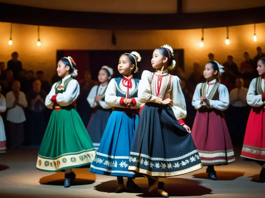 Jóvenes bailarines en trajes folklóricos ejecutando danzas tradicionales en un ambiente atmosférico y vibrante