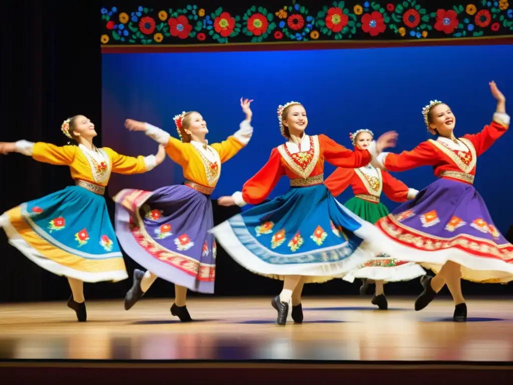 Jóvenes bailarines en trajes folklóricos rusos, ejecutando con gracia y precisión