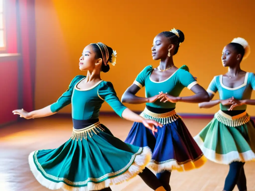 Jóvenes bailarines en trajes tradicionales practican danza global en un estudio iluminado por el sol, transmitiendo pasión y tradición cultural